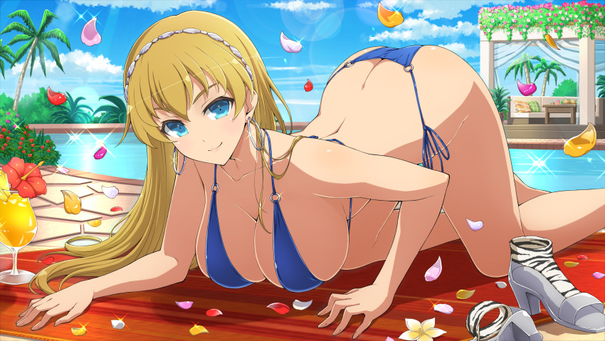 absurdres all_fours ass bikini blonde_hair blue_bikini blue_eyes blue_sky breasts bush butt_crack cleavage cloud cobblestone coconut couch day earrings elina_(queen's_blade) falling_petals female fern flower food fruit grey_footwear headband high_heels highres jewelry large_breasts long_hair median_furrow o-ring o-ring_bikini official_art orange_flower outdoors palm_tree petals pillow pineapple pineapple_slice pink_flower poolside queen's_blade red_flower rug sandals senran_kagura senran_kagura_new_link side-tie_bikini_bottom sky smile solo swimsuit top-down_bottom-up tree tropical_drink water white_flower yaegashi_nan