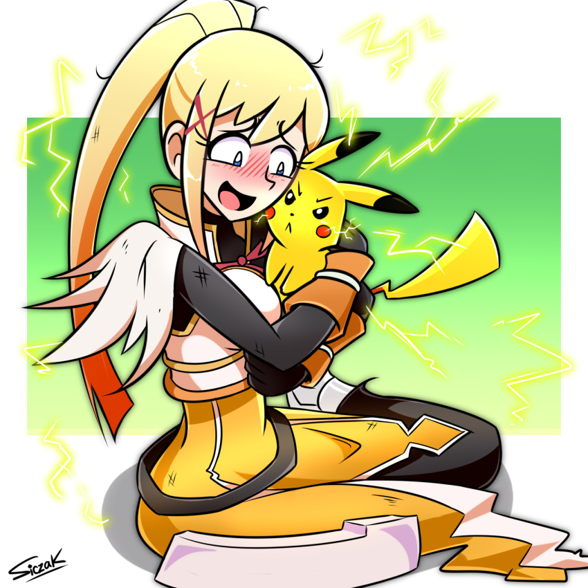 angry armor armored_dress blonde_hair blue_eyes blush crossover darkness_(konosuba) dress electricity female hair_ornament hairclip happy highres holding hug kono_subarashii_sekai_ni_shukufuku_wo! long_hair masochism pikachu pokemon pokemon_(creature) ponytail scorch_mark siczak sitting yellow_dress