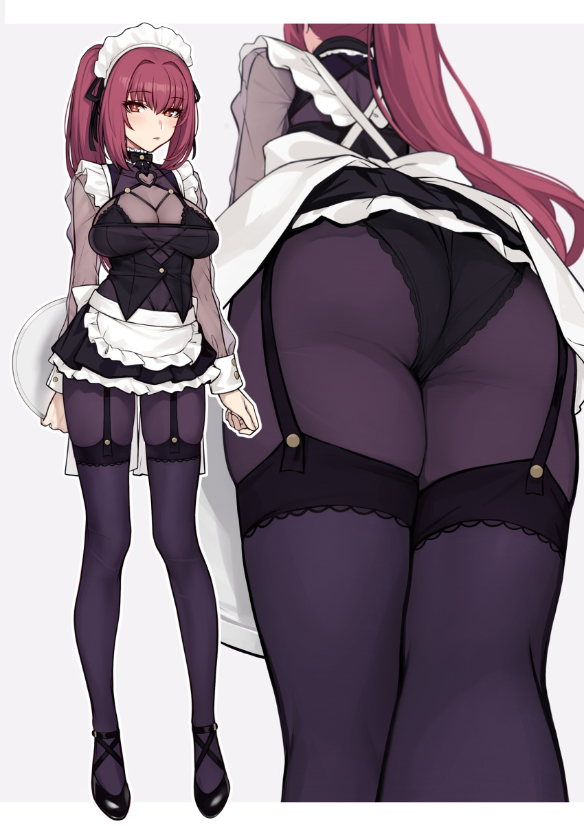 alternate_costume apron ass back black_skirt bodysuit breasts closed_mouth enmaided evan_yang fate/grand_order fate_(series) full_body hair_intakes highres large_breasts legs long_hair maid maid_headdress mtu_virus ponytail purple_bodysuit purple_hair red_eyes scathach_(fate)_(all) scathach_(fate/grand_order) skirt thighs tray waist_apron white_apron