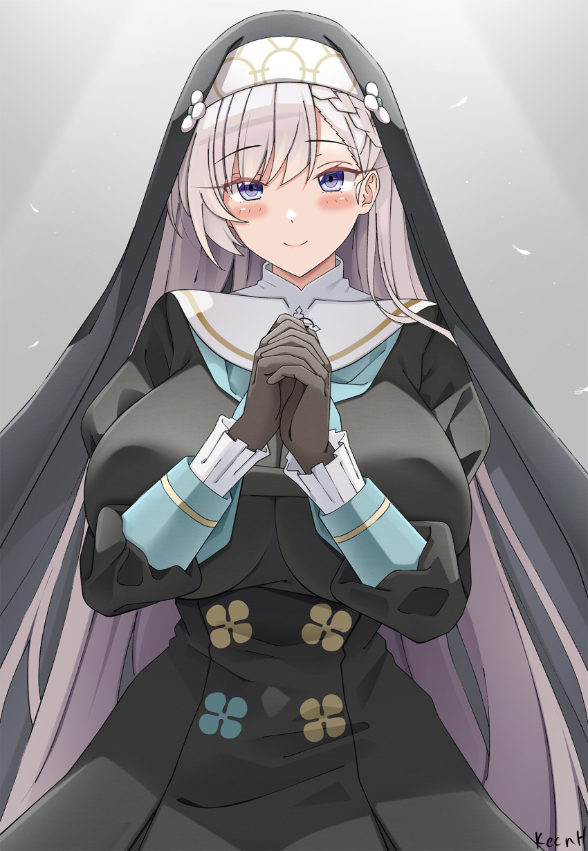 artist_name azur_lane belfast_(azur_lane) black_dress black_gloves blue_archive braid breasts closed_mouth commentary commission cosplay dress female gloves grey_background grey_hair highres huge_breasts interlocked_fingers keenh long_hair looking_at_viewer mixed-language_commentary nun own_hands_clasped own_hands_together purple_eyes sakurako_(blue_archive) sakurako_(blue_archive)_(cosplay) smile solo very_long_hair