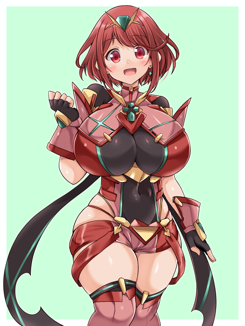 absurdres black_gloves breasts chest_jewel duplicate earrings female fingerless_gloves gem gloves headpiece highres huge_breasts jewelry kurokaze_no_sora pixel-perfect_duplicate pyra_(xenoblade) red_eyes red_hair red_shorts red_thighhighs short_hair short_shorts shorts solo swept_bangs thighhighs tiara xenoblade_chronicles_(series) xenoblade_chronicles_2