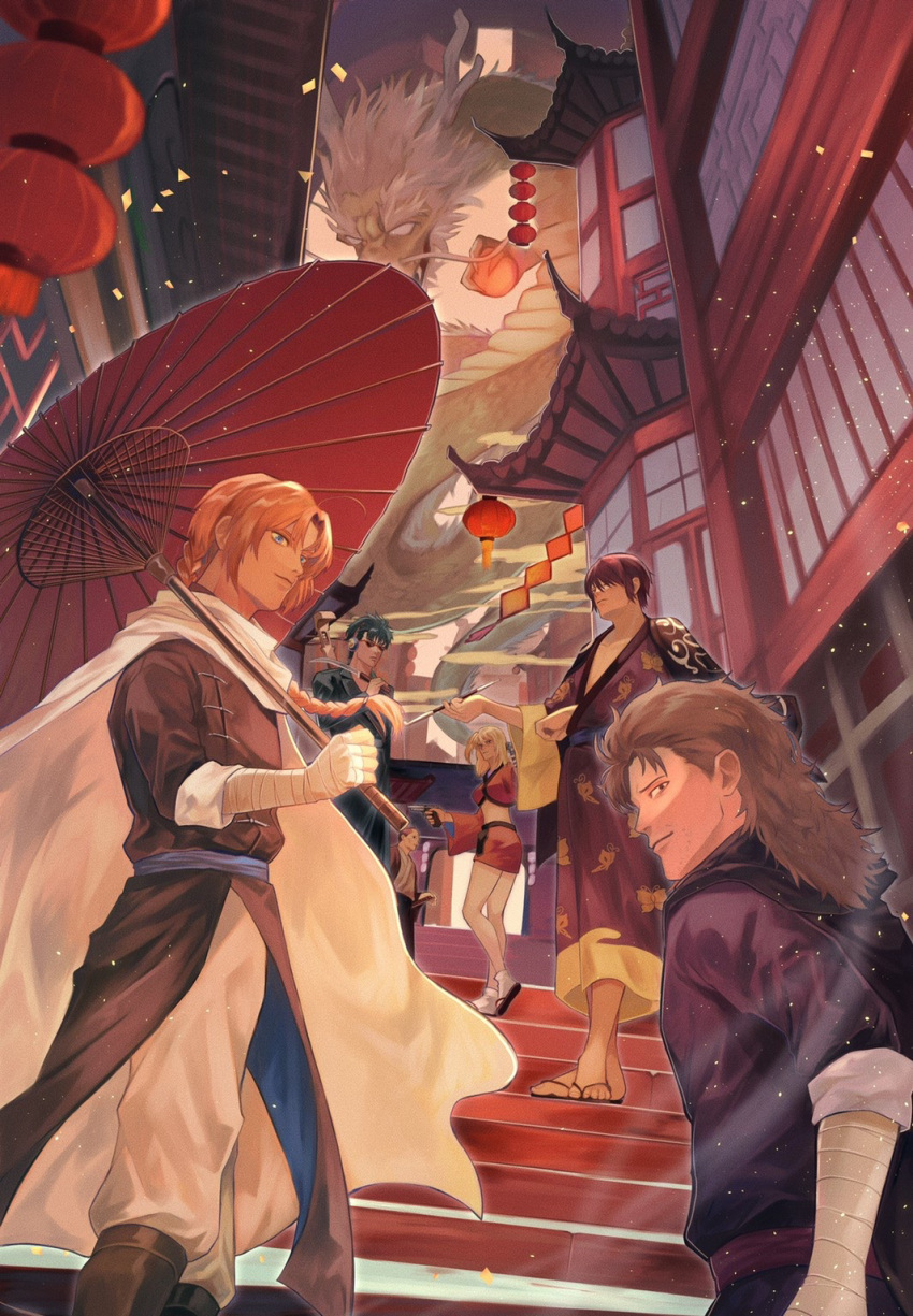 4boys abuto bandaged_arm bandages black_hair blonde_hair brown_hair cape chinese_clothes crop_top dragon female gintama highres japanese_clothes kamui_(gintama) kawakami_bansai kijima_matako kimono lantern midriff multiple_boys ono orange_hair stairs takasugi_shinsuke takechi_henpeita umbrella