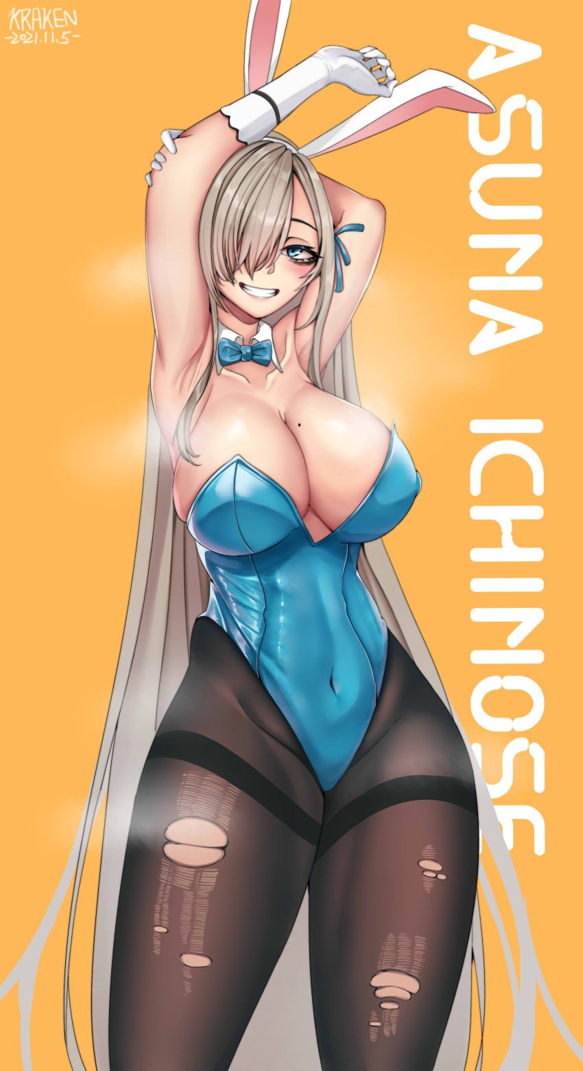 absurdres animal_ears armpits arms_up asuna_(blue_archive) asuna_(bunny)_(blue_archive) black_pantyhose blue_archive blue_bow blue_bowtie blue_leotard bow bowtie breasts character_name commentary detached_collar fake_animal_ears female hair_over_one_eye highleg highleg_leotard highres kuraken large_breasts leotard light_brown_hair long_hair mole mole_on_breast official_alternate_costume pantyhose playboy_bunny presenting_armpit rabbit_ears sideboob solo strapless strapless_leotard thighband_pantyhose torn_clothes torn_pantyhose traditional_bowtie very_long_hair