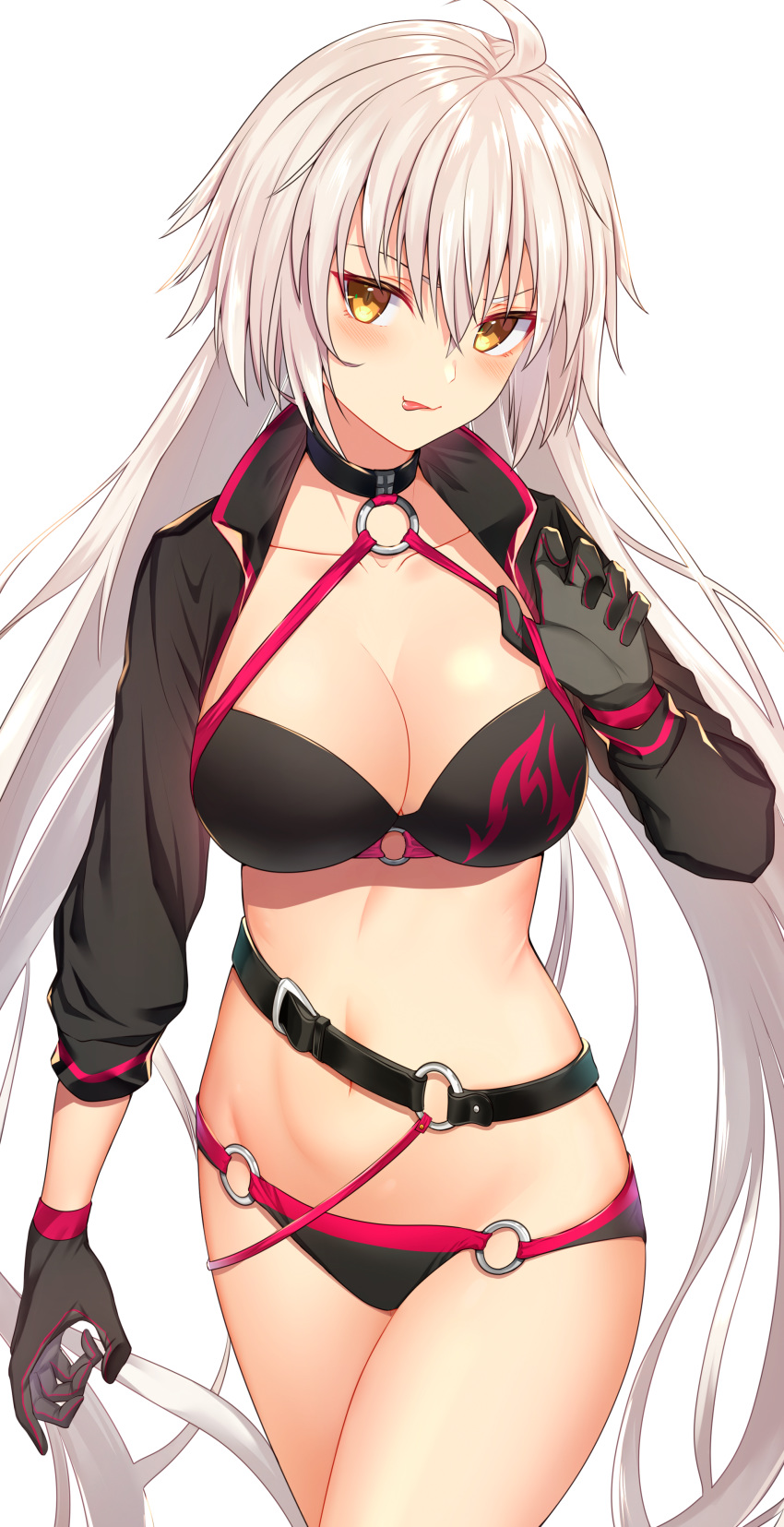 absurdres ahoge belt bikini black_bikini black_gloves breasts cleavage collarbone cowboy_shot fate/grand_order fate_(series) female gloves groin halterneck hand_up high_collar highres jeanne_d'arc_alter_(fate) jeanne_d'arc_alter_(swimsuit_berserker)_(fate) jun_(aousa0328) large_breasts long_hair long_sleeves looking_at_viewer naughty_face navel o-ring o-ring_bikini revision shrug_(clothing) simple_background solo standing stomach swimsuit thighs tongue tongue_out v-shaped_eyebrows very_long_hair white_background white_hair yellow_eyes