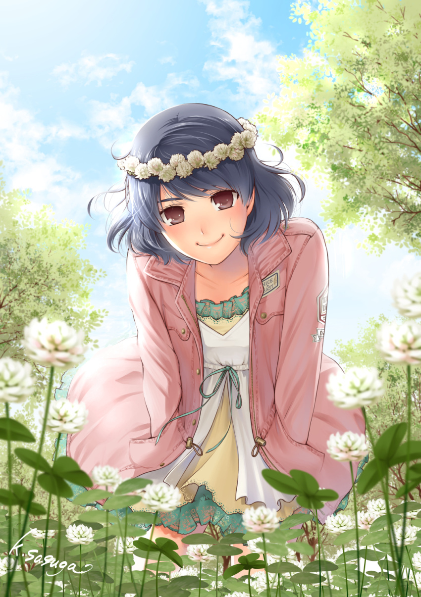 aqua_ribbon artist_name blue_hair blush brown_eyes closed_mouth clothes_writing cloud clover commentary_request day domestic_na_kanojo dress english_text female flower hands_in_pockets head_wreath highres jacket leaning_forward looking_at_viewer official_art open_clothes open_jacket outdoors pink_jacket red_eyes ribbon sasuga_kei short_hair sky smile solo tachibana_rui tree