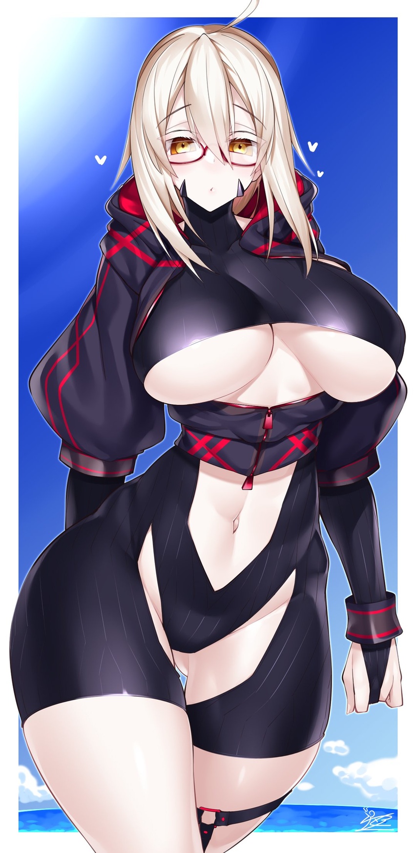 ahoge artoria_pendragon_(fate) ass_visible_through_thighs black_bodysuit black_jacket blonde_hair blue_sky blush bodysuit border breasts bridal_gauntlets center_opening commentary_request cowboy_shot dark_persona eyelashes fate/grand_order fate_(series) female glasses hair_between_eyes heart highres hood hooded_jacket jacket large_breasts long_hair long_sleeves looking_at_viewer mysterious_heroine_xx_(fate) navel ocean open_mouth outside_border pale_skin ribbed_bodysuit shorts sidelocks signature sky thick_thighs thighs turtleneck underboob underbust watosu white_border yellow_eyes