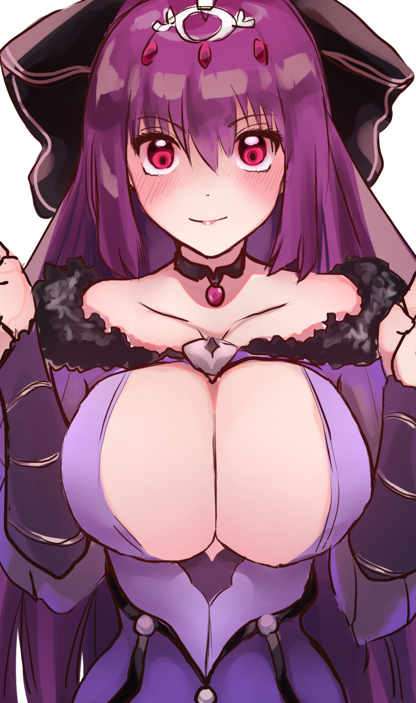 blush bow breasts choker cleavage cleavage_cutout clothing_cutout fate/grand_order fate_(series) feather_trim female fur_trim hair_between_eyes hairbow headpiece highres large_breasts looking_at_viewer masini-mashini615 purple_hair red_eyes scathach_(fate) scathach_skadi_(fate) scathach_skadi_(second_ascension)_(fate) smile solo tiara