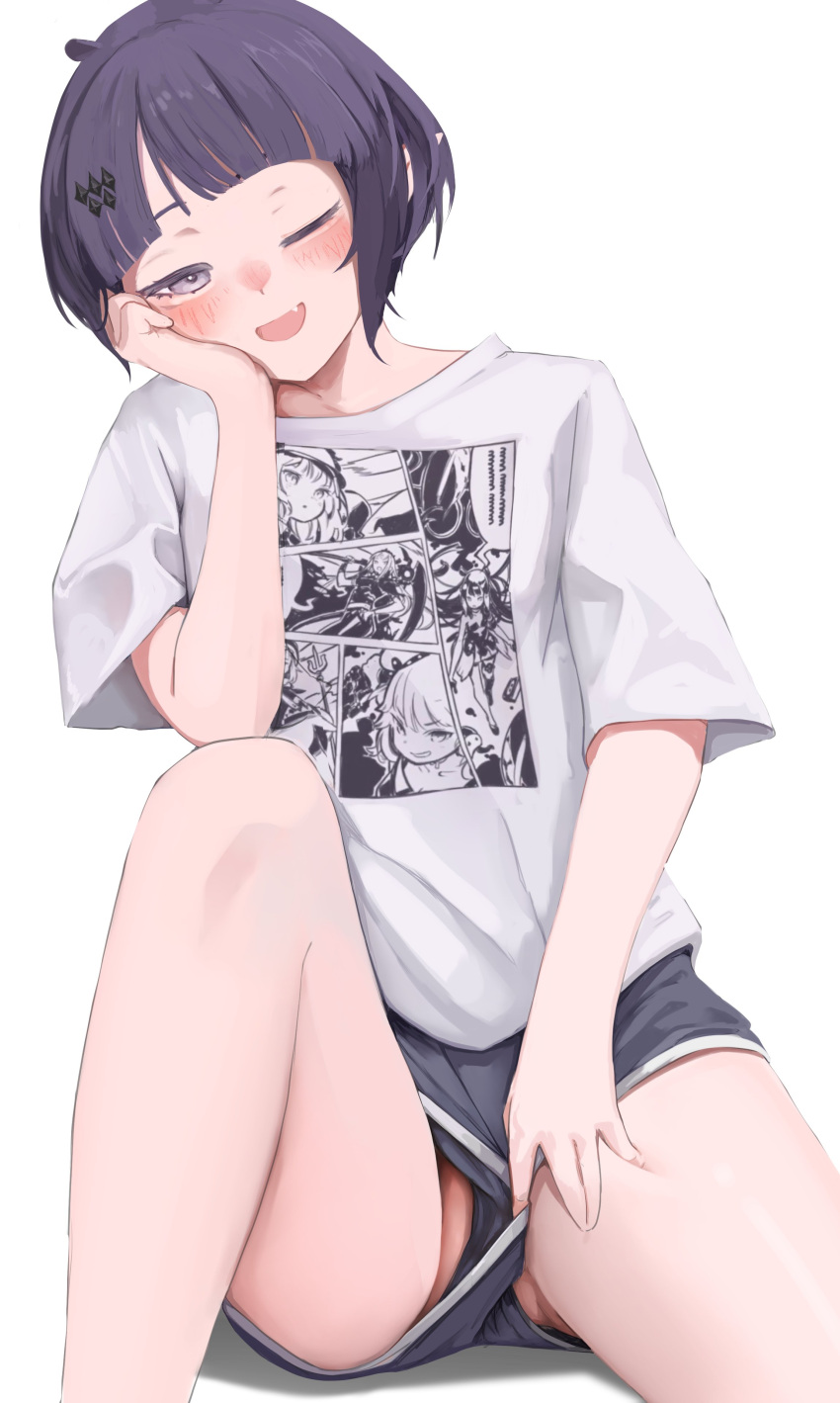 absurdres ass_visible_through_thighs blunt_bangs blush clothing_aside elbow_on_knee elbow_rest female hand_on_own_face highres hololive hololive_english knees_up looking_at_viewer ninomae_ina'nis ninomae_ina'nis_(loungewear) no_panties oerba_yun_fang official_alternate_costume one_eye_closed open_mouth parted_bangs partially_visible_vulva pointy_ears purple_hair shirt short_hair short_sleeves shorts shorts_aside skin_fang solo spicyyrum swept_bangs thighs virtual_youtuber white_background