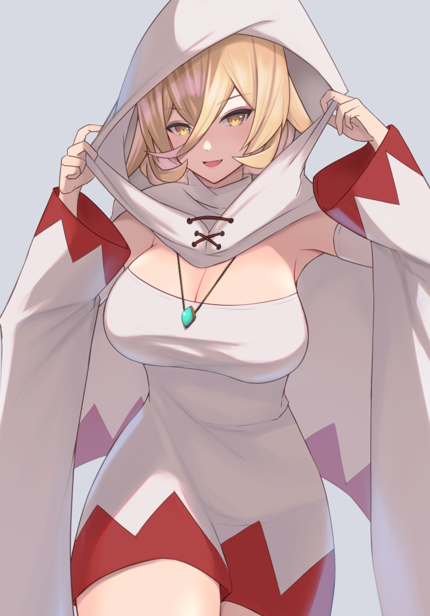 :d absurdres blonde_hair breasts cape cleavage cosplay cowboy_shot detached_sleeves dress female final_fantasy final_fantasy_fables hair_between_eyes highres hood hooded_cape jewelry large_breasts long_sleeves looking_at_viewer necklace nijisanji nui_sociere oerba_yun_fang open_mouth sanukiske short_hair smile solo strapless strapless_dress virtual_youtuber white_cape white_dress white_mage_(final_fantasy) white_mage_(final_fantasy)_(cosplay) wide_sleeves yellow_eyes