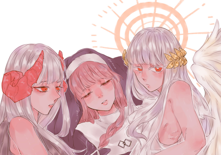 3girls angel_and_devil asana_(forever_7th_capital) breasts closed_eyes commentary demon_horns forever_7th_capital habit halo highres horns leaf leaf_on_head love_triangle multiple_girls nun red_eyes sardine-flavored_potatoes vera_(forever_7th_capital) yuri