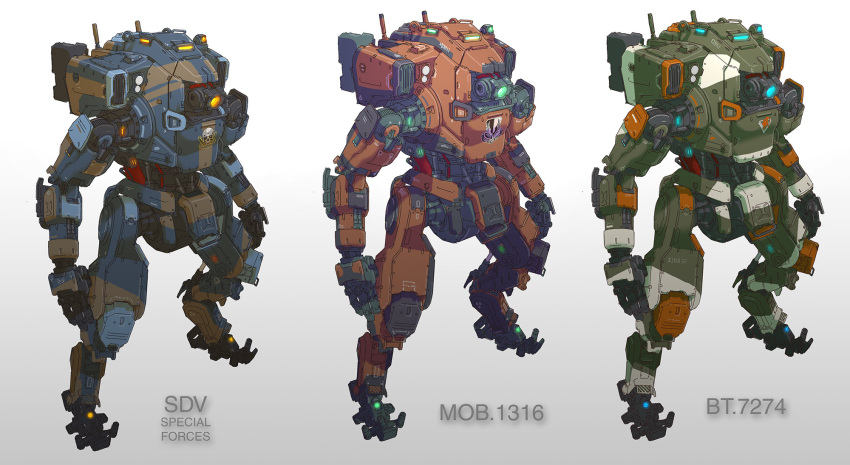 3others alternate_color armor blue_eyes bt-7274 commentary concept_art english_commentary full_body glowing glowing_eye glowing_eyes gradient_background green_armor green_eyes grey_background highres looking_away looking_down machinery mecha mecha_focus mechanical_arms mechanical_legs military military_vehicle mob-1316 monarch_(titanfall_2) multicolored_background multiple_others no_humans official_art one-eyed open_hands orange_armor orange_eyes reverse-jointed_legs robot science_fiction shir0kuma standing titan_(titanfall) titanfall_(series) titanfall_2 two-tone_background vanguard_(titanfall_2) variations vehicle_focus white_background