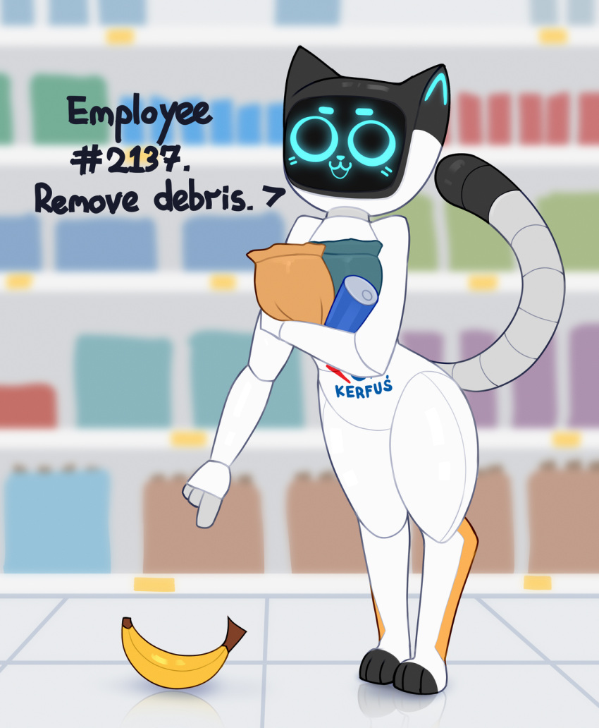 2022 anthro anthrofied banana bellabot carrefour dialogue digitigrade domestic_cat english_text felid feline felis female food fruit gesture grocery_store hand_gesture hi_res holding_food holding_object inside kerfus machine mammal omiart plant pointing pudu_robotics screen screen_face solo standing text white_body