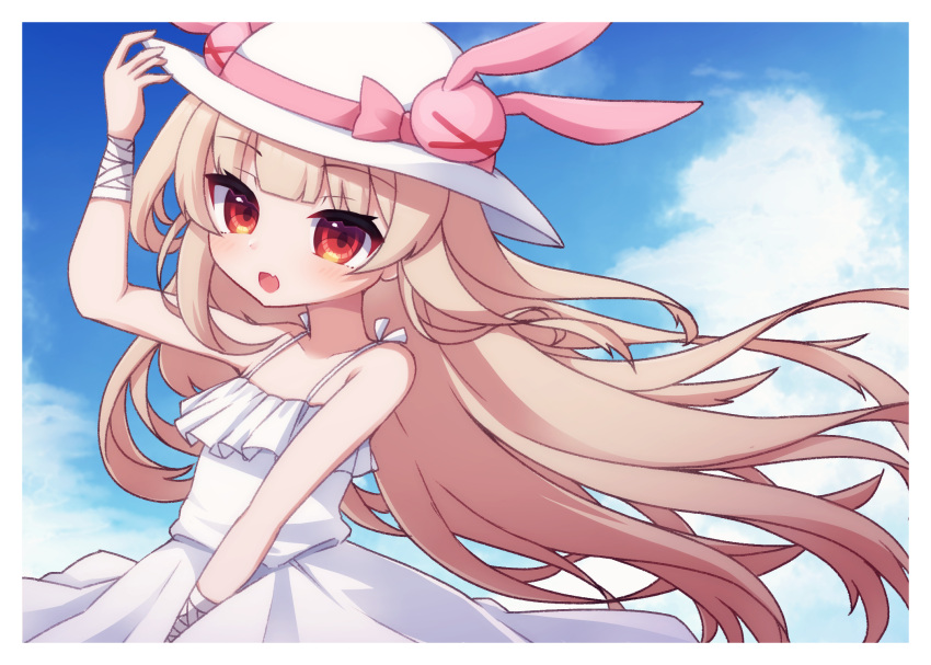 >_< :d bandaged_arm bandages bare_shoulders blue_sky bow brown_hair cloud cloudy_sky commentary_request day dress female floating_hair frilled_dress frills hairbow hat highres long_hair looking_at_viewer natori_sana oerba_yun_fang outdoors pink_bow red_eyes rensei sana_channel sky sleeveless sleeveless_dress smile solo sun_hat sundress very_long_hair virtual_youtuber white_dress white_hat