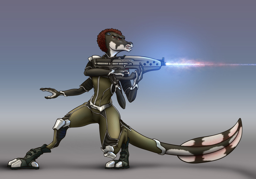 2019 4_arms 4_eyes alien anthro biped claws clenched_teeth clothed clothing colored darth_biomech female gun hi_res holding_object holding_weapon multi_arm multi_eye multi_limb nea_khtara raharr ranged_weapon red_eyes shooting simple_background solo tail teeth weapon