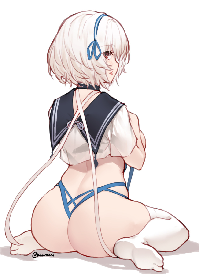 alternate_costume artist_name ass azur_lane black_choker black_sailor_collar choker commentary_request crop_top eyes_visible_through_hair female from_behind full_body highres kimi_tsuru looking_at_viewer looking_back no_shoes sailor_collar shirt short_hair short_sleeves signature simple_background sirius_(azur_lane) sitting solo thighhighs thighs white_background white_hair white_shirt white_thighhighs