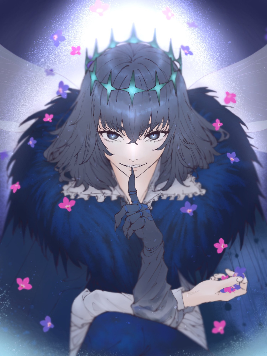 1boy black_eyes black_hair cape crown fate/grand_order fate_(series) flower fur_trim grin highres male_focus oberon_(fate) oberon_(third_ascension)_(fate) smile so_hana_ranyaro solo spoilers