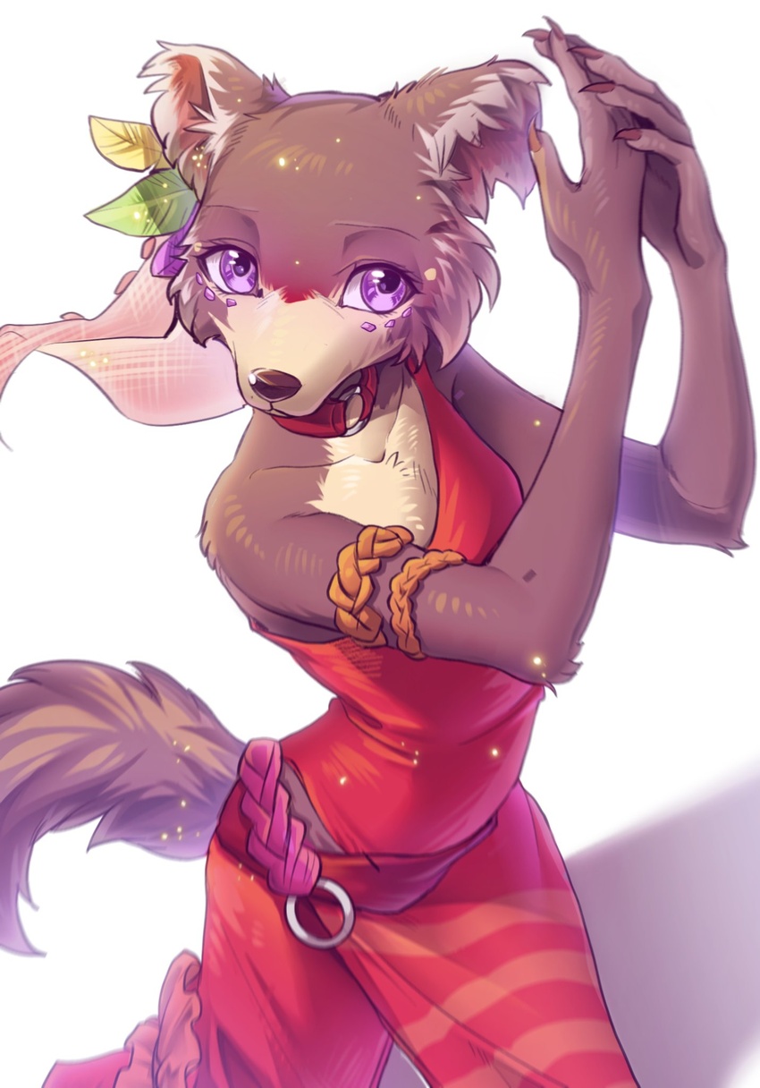 accessory anthro armband beastars biped breasts canid canine canis cheek_tuft clothed clothed_anthro clothed_female clothing collar digital_media_(artwork) dress dress_only exposed_shoulder facial_tuft female fur hair hair_accessory hi_res juno_(beastars) looking_at_viewer mammal multicolored_body multicolored_fur one_shoulder_out pose purple_eyes red_clothing red_dress simple_background single_strap single_strap_clothing single_strap_dress slim solo standing swaybat tuft wolf