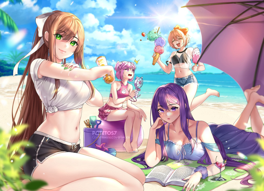 4girls :d ^^^ artist_name ball bare_shoulders barefoot beach bikini bikini_top_only black_bikini black_shorts blue_nails blue_sky blurry blurry_background blurry_foreground book bow breasts brown_hair closed_eyes cloud cocktail_glass collarbone commentary commission crop_top cup cutoffs day depth_of_field doki_doki_literature_club dolphin_shorts drinking_glass drooling dropping english_commentary exercise_ball eyes_visible_through_hair feet_up food green_eyes green_nails hair_between_eyes hair_ornament hair_ribbon hairbow hairclip head_rest highres ice_cream ice_cream_cone large_breasts long_hair looking_at_another looking_at_viewer lotion lying midriff monika_(doki_doki_literature_club) multiple_girls nail_polish natsuki_(doki_doki_literature_club) navel on_stomach open_book outdoors pink_eyes pink_hair pink_skirt pleated_skirt potetos7 purple_eyes purple_hair purple_nails reading red_bow ribbon sayori_(doki_doki_literature_club) see-through shirt short_sleeves shorts sidelocks skirt sky smile sunscreen swimsuit tied_shirt toenail_polish toenails two_side_up very_long_hair watermark white_ribbon white_shirt yuri_(doki_doki_literature_club)