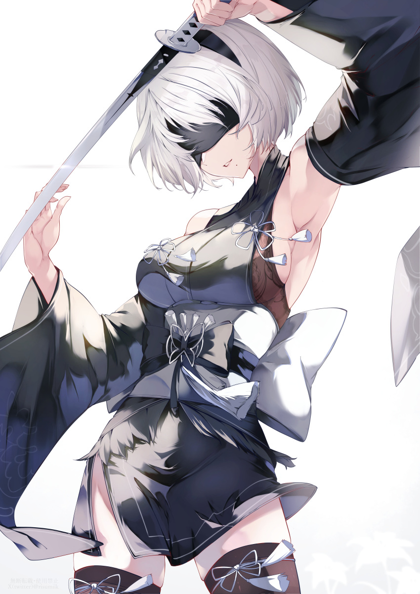 2b_(nier:automata) absurdres armpits bare_shoulders black_blindfold black_hairband black_kimono blindfold breasts commentary_request covered_eyes detached_sleeves female fingernails goddess_of_victory:_nikke hairband highres holding holding_sword holding_weapon japanese_clothes katana kimono lips mole mole_under_mouth nier:automata nier_(series) obi official_alternate_costume parted_lips risumi_(taka-fallcherryblossom) sash short_hair short_kimono simple_background solo sword thighhighs weapon white_background white_hair