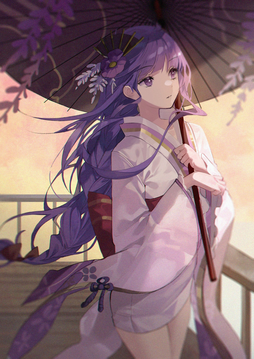 braid buri_(retty9349) cowboy_shot female flower genshin_impact hair_fan hair_flower hair_ornament highres holding holding_umbrella japanese_clothes kimono long_braid long_hair looking_afar makoto_(genshin_impact) obi oil-paper_umbrella porch protected_link purple_eyes purple_hair sash short_kimono single_braid solo standing umbrella very_long_hair white_kimono wide_sleeves