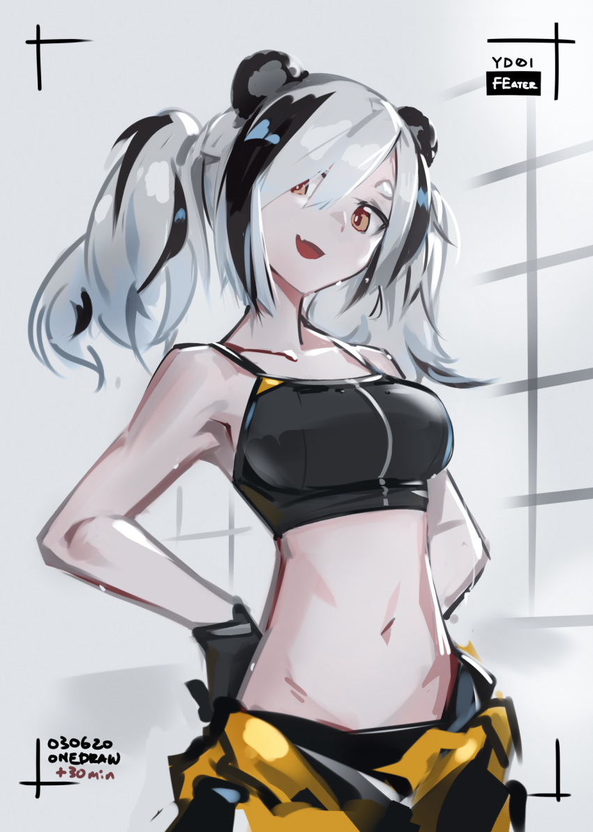 :d animal_ears arknights armpits bare_arms bare_shoulders black_gloves black_shirt breasts collarbone commentary crop_top dated deel_(rkeg) feater_(arknights) feater_(dojo_star)_(arknights) female gloves grey_hair hair_between_eyes hands_on_own_hips highres large_breasts long_hair looking_at_viewer midriff multicolored_hair navel oerba_yun_fang official_alternate_costume one-hour_drawing_challenge open_mouth panda_ears red_eyes shirt sleeveless sleeveless_shirt smile solo spaghetti_strap stomach trim_marks twintails two-tone_hair upper_body