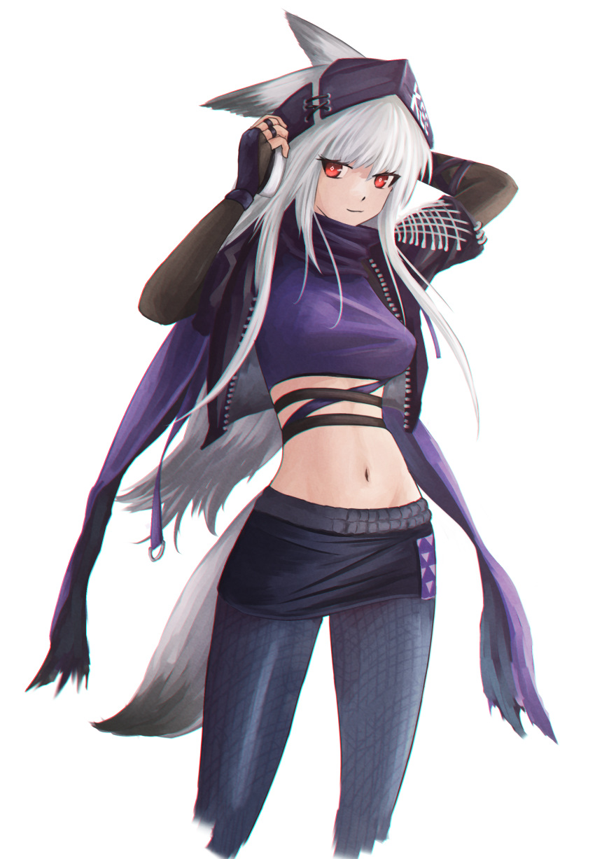 absurdres animal_ears arknights arms_up black_gloves black_headwear black_jacket black_skirt breasts commentary_request crop_top cropped_legs female fingerless_gloves fox_ears fox_tail frostleaf_(arknights) frostleaf_(breaking_the_ice)_(arknights) gloves grey_hair grey_pants highres jacket long_hair looking_at_viewer medium_breasts midriff miniskirt navel official_alternate_costume open_clothes open_jacket pants pantyhose pencil_skirt purple_shirt red_eyes shirt simple_background skirt smile solo standing stomach superbeek4 tail very_long_hair white_background