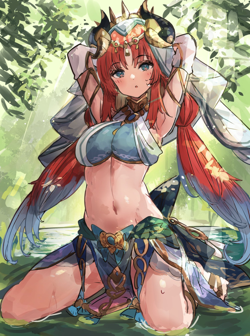 :o aqua_eyes armpits arms_behind_head arms_up bad_id bad_twitter_id blue_hair blue_shirt blush breasts dancer fake_horns female genshin_impact highres horns long_hair looking_at_viewer medium_breasts midriff multicolored_hair nilou_(genshin_impact) red_hair shirt stomach the_olphy tree twintails