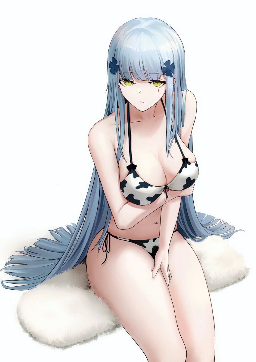 absurdres amamizu_shizuku animal_print arm_under_breasts bare_shoulders bikini blue_hair breast_hold breasts cleavage closed_mouth collarbone commentary_request cow_print cow_print_bikini female front-tie_bikini_top front-tie_top girls'_frontline green_eyes hand_on_own_thigh highres hk416_(girls'_frontline) long_hair looking_at_viewer medium_breasts navel print_bikini revision side-tie_bikini_bottom simple_background sitting solo straight_hair swimsuit thighs very_long_hair white_background