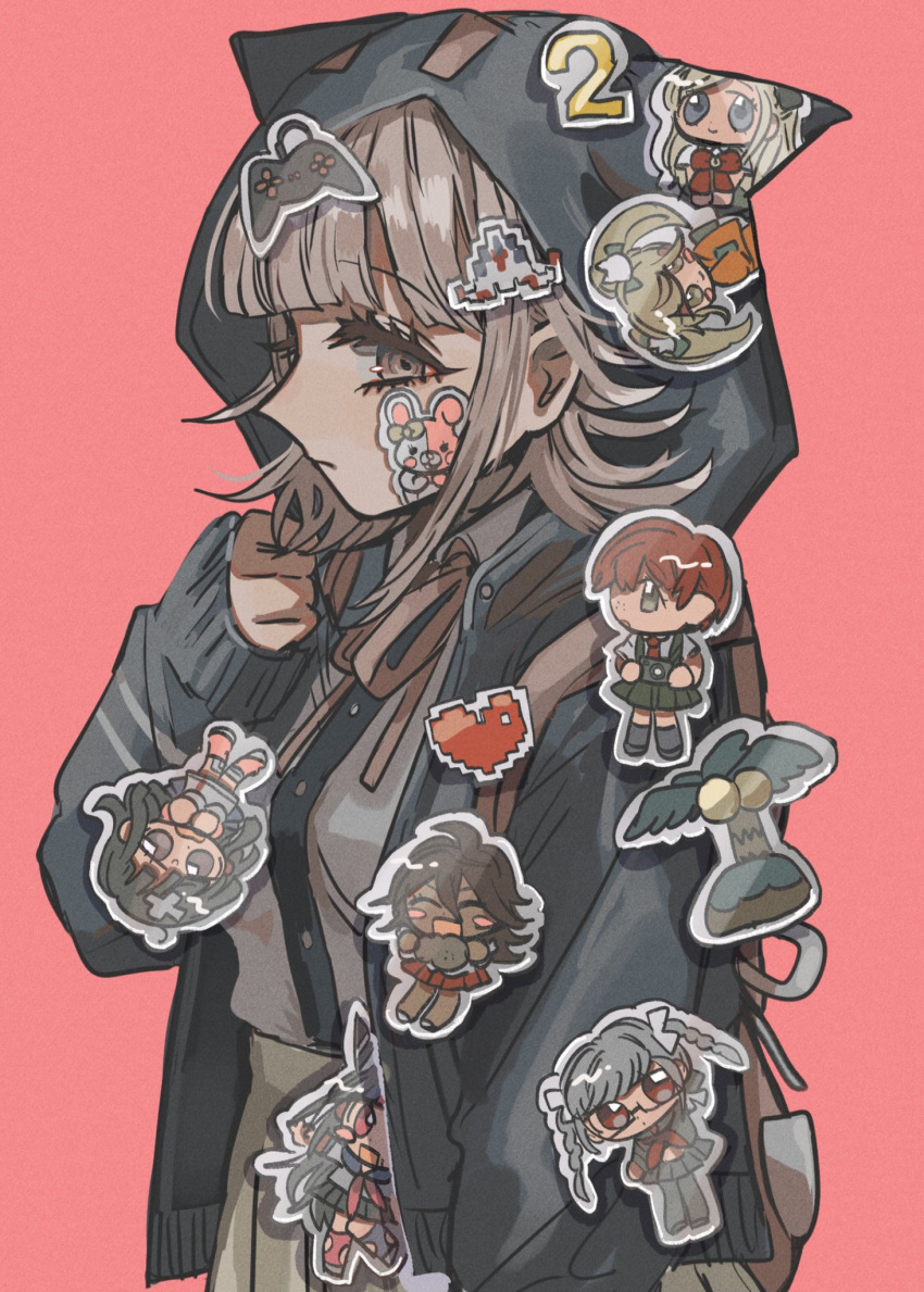 animal_ears animal_hood backpack bag black_jacket black_shirt brown_hair brown_ribbon brown_skirt cat_hood character_print commentary danganronpa_(series) danganronpa_2:_goodbye_despair fake_animal_ears female from_side galaga grey_shirt hair_ornament hand_up heart highres hood hood_up jacket kara_aren koizumi_mahiru looking_at_viewer medium_hair mioda_ibuki monomi_(danganronpa) nanami_chiaki neck_ribbon open_clothes open_jacket owari_akane pekoyama_peko pink_background pleated_skirt profile ribbon saionji_hiyoko shirt simple_background skirt solo sonia_nevermind spaceship_hair_ornament sticker too_many too_many_stickers tsumiki_mikan two-tone_shirt