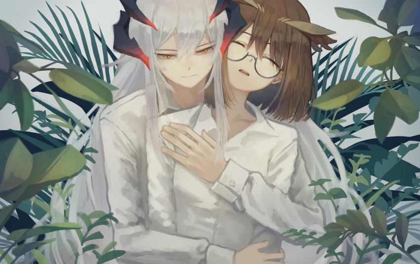 2girls absurdres arknights branch brown_hair closed_eyes closed_mouth collarbone collared_shirt dragon_girl dragon_horns feather_hair glasses grey_hair hair_between_eyes hair_flaps hand_up highres horns hug long_hair long_sleeves medium_hair multiple_girls parted_lips plant saria_(arknights) semi-rimless_eyewear shirt sidelocks silence_(arknights) slit_pupils teeth upper_body upper_teeth_only white_hair white_shirt wrist_cuffs yellow_eyes yoon_cook yuri