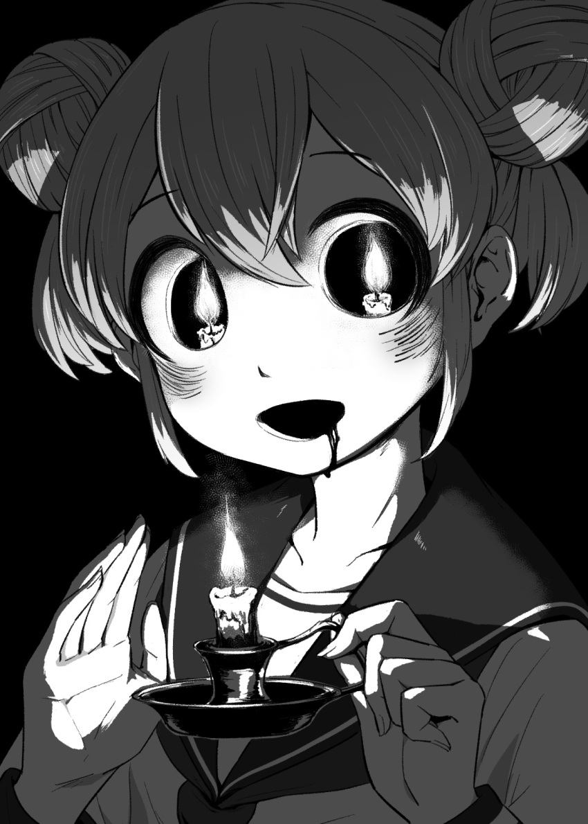 4shi bags_under_eyes black_background candle candle_wax candlestand chiaroscuro collarbone dango-chan_(4shi) double_bun drooling female fire greyscale hair_bun highres hollow_eyes hollow_mouth horror_(theme) monochrome open_mouth original sailor_collar school_uniform serafuku shadow short_hair sidelocks smile solo wax