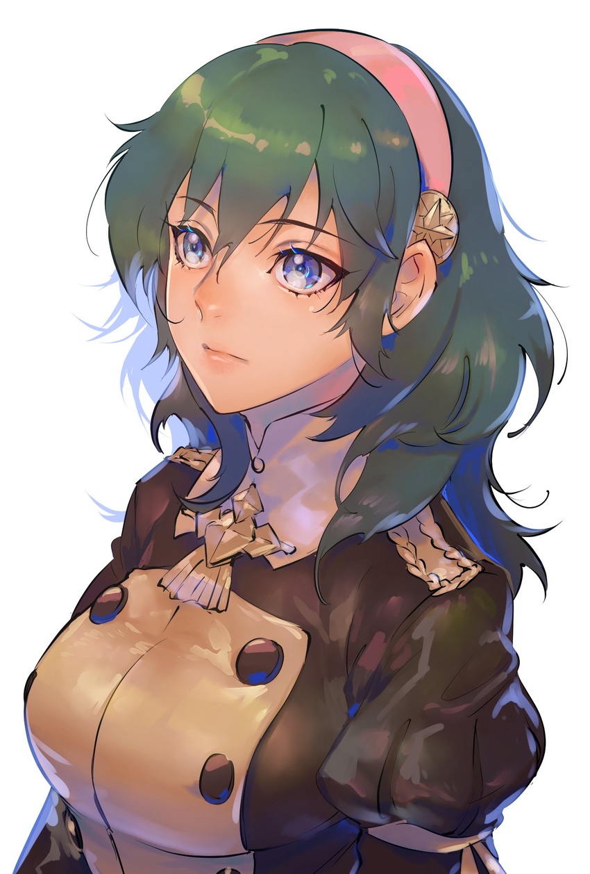 blue_eyes blue_hair byleth_(female)_(fire_emblem) byleth_(fire_emblem) closed_mouth commentary_request female fire_emblem fire_emblem:_three_houses garreg_mach_monastery_uniform hairband highres kin_mokusei simple_background solo uniform upper_body white_background