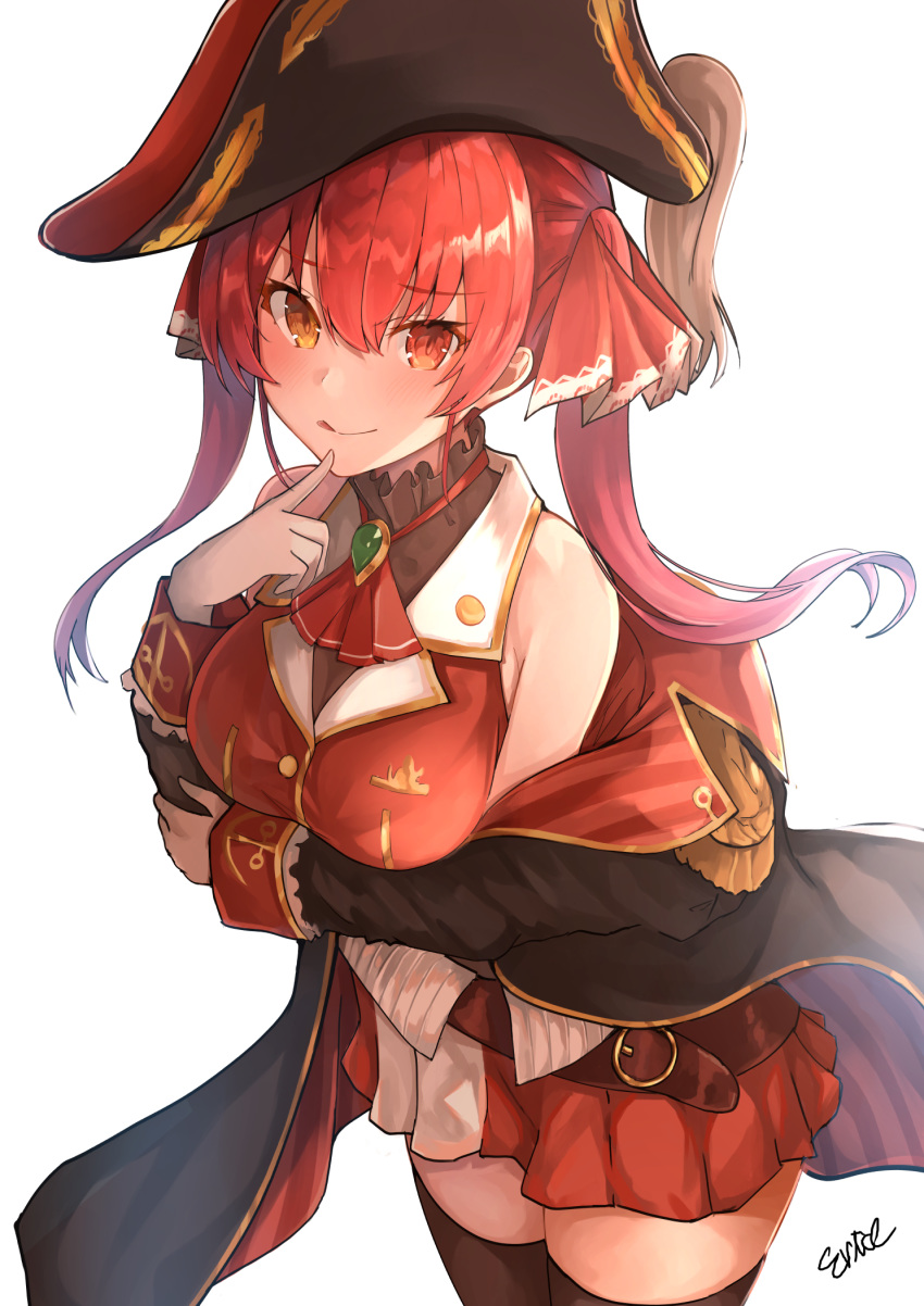 artist_name ascot backlighting belt bicorne black_coat black_hat black_thighhighs breast_hold breasts brooch cleavage closed_mouth coat commentary cowboy_shot cropped_jacket female finger_to_own_chin hair_between_eyes hair_ribbon hat heterochromia highres hololive houshou_marine houshou_marine_(1st_costume) jacket jewelry leotard leotard_under_clothes long_hair looking_at_viewer medium_breasts miniskirt no_eyepatch off_shoulder open_clothes open_coat pirate_hat pleated_skirt red_ascot red_eyes red_hair red_jacket red_skirt ribbon see-through see-through_cleavage see-through_leotard shiina_aoi signature simple_background skirt sleeveless sleeveless_jacket smile solo thighhighs thighs tongue tongue_out twintails virtual_youtuber white_background yellow_eyes zettai_ryouiki