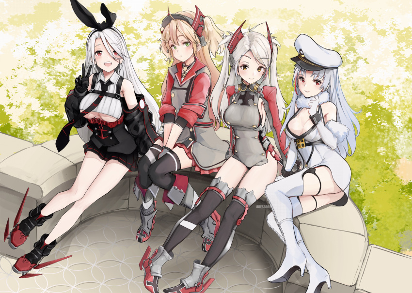 4girls absurdres admiral_hipper_(azur_lane) ahoge antenna_hair arescr azur_lane bare_shoulders blonde_hair boots breasts buttons cleavage clothing_cutout crop_top double-breasted english_commentary green_eyes hat high_heel_boots high_heels highres large_breasts long_hair looking_at_viewer multicolored_hair multiple_girls orange_eyes prinz_eugen_(azur_lane) prinz_heinrich_(azur_lane) red_eyes red_hair side_cutout streaked_hair tallinn_(azur_lane) thigh_boots thighhighs two_side_up underboob very_long_hair white_hair