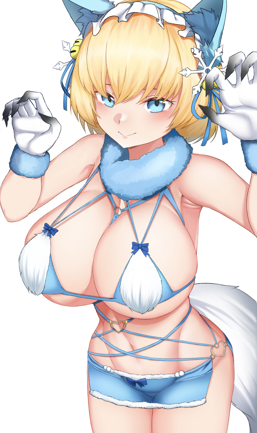 absurdres animal_ear_fluff animal_ears armpits bare_shoulders bikini bikini_skirt blonde_hair blue_bikini blue_eyes blue_ribbon blue_skirt breasts claw_pose cleavage closed_mouth collarbone commentary commission cowboy_shot fake_animal_ears fake_tail female fur-trimmed_bikini fur-trimmed_gloves fur_collar fur_trim girls'_frontline gloves groin hair_between_eyes hair_ornament hair_ribbon hands_up heart_o-ring highres large_breasts looking_at_viewer navel newbienoodles no_mole official_alternate_costume ribbon short_hair sidelocks simple_background skirt smile snowflake_hair_ornament solo standing stomach swimsuit tail vsk-94_(christmas_eve_detective)_(girls'_frontline) vsk-94_(girls'_frontline) white_background white_gloves wolf_ears wolf_tail