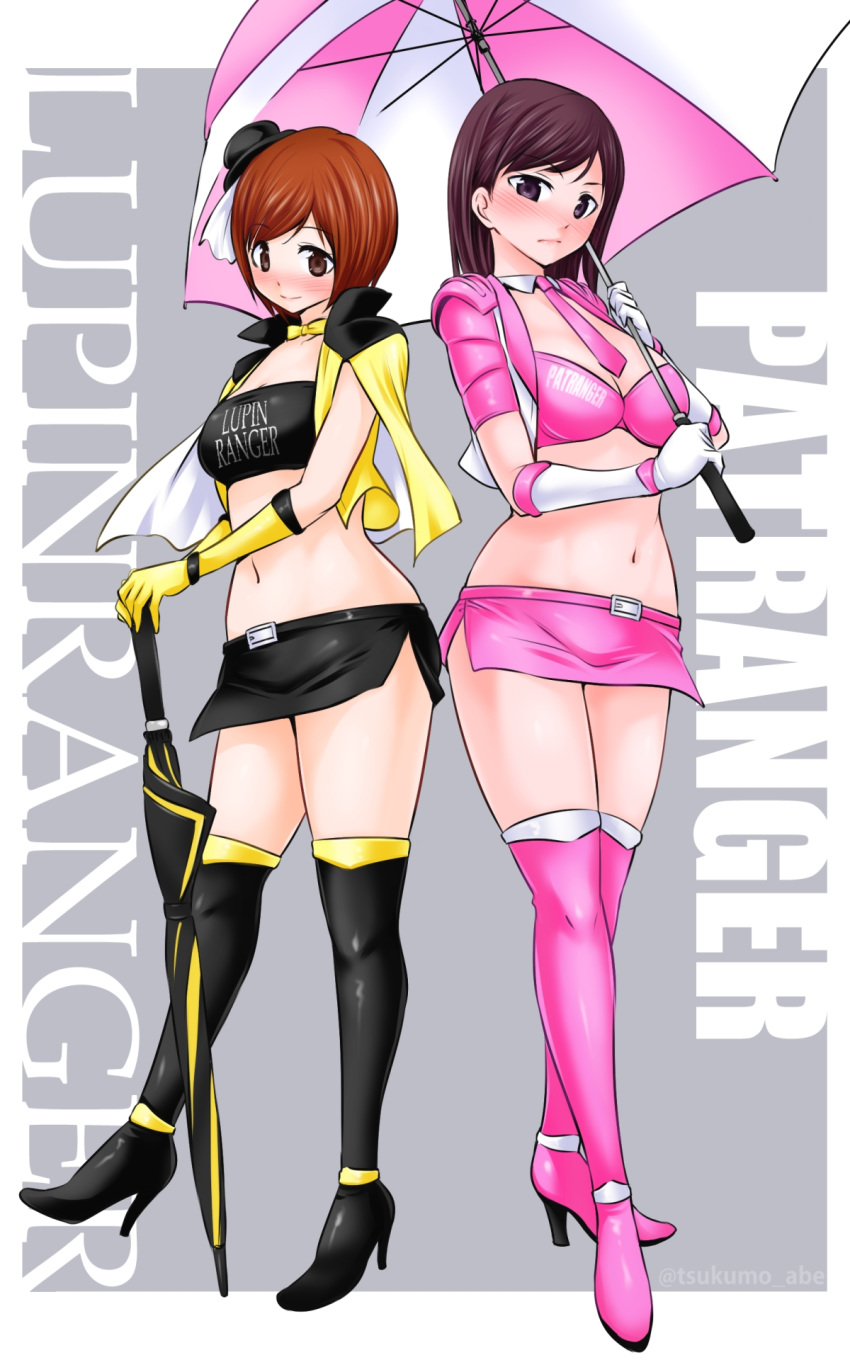 2girls abe_tsukumo animification black_hair boots breasts brown_eyes brown_hair cape closed_mouth elbow_gloves gloves hat hayami_umika high_heel_boots high_heels highres kaitou_sentai_lupinranger_vs._keisatsu_sentai_patranger looking_at_viewer medium_hair multiple_girls myoujin_tsukasa navel race_queen short_hair skirt smile standing super_sentai thighhighs umbrella