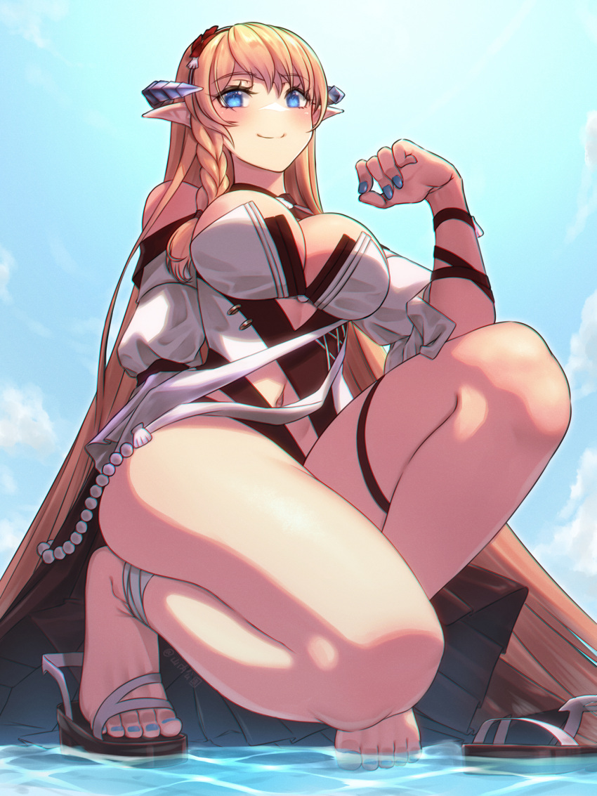 arknights bare_shoulders barefoot blue_eyes blue_nails blue_sky blush braid breasts chinese_commentary cloud cloudy_sky commentary_request day eyelashes feet female full_body hairband hand_up heel_up highres impossible_clothes knee_up large_breasts light_brown_hair long_hair looking_at_viewer nail_polish navel outdoors paid_reward_available pointy_ears saileach_(arknights) saileach_(summer_flowers)_(arknights) sandals shirt single_sandal sky smile solo squatting thighs toenail_polish toenails toes very_long_hair wading white_shirt yamauchi_(conan-comy)