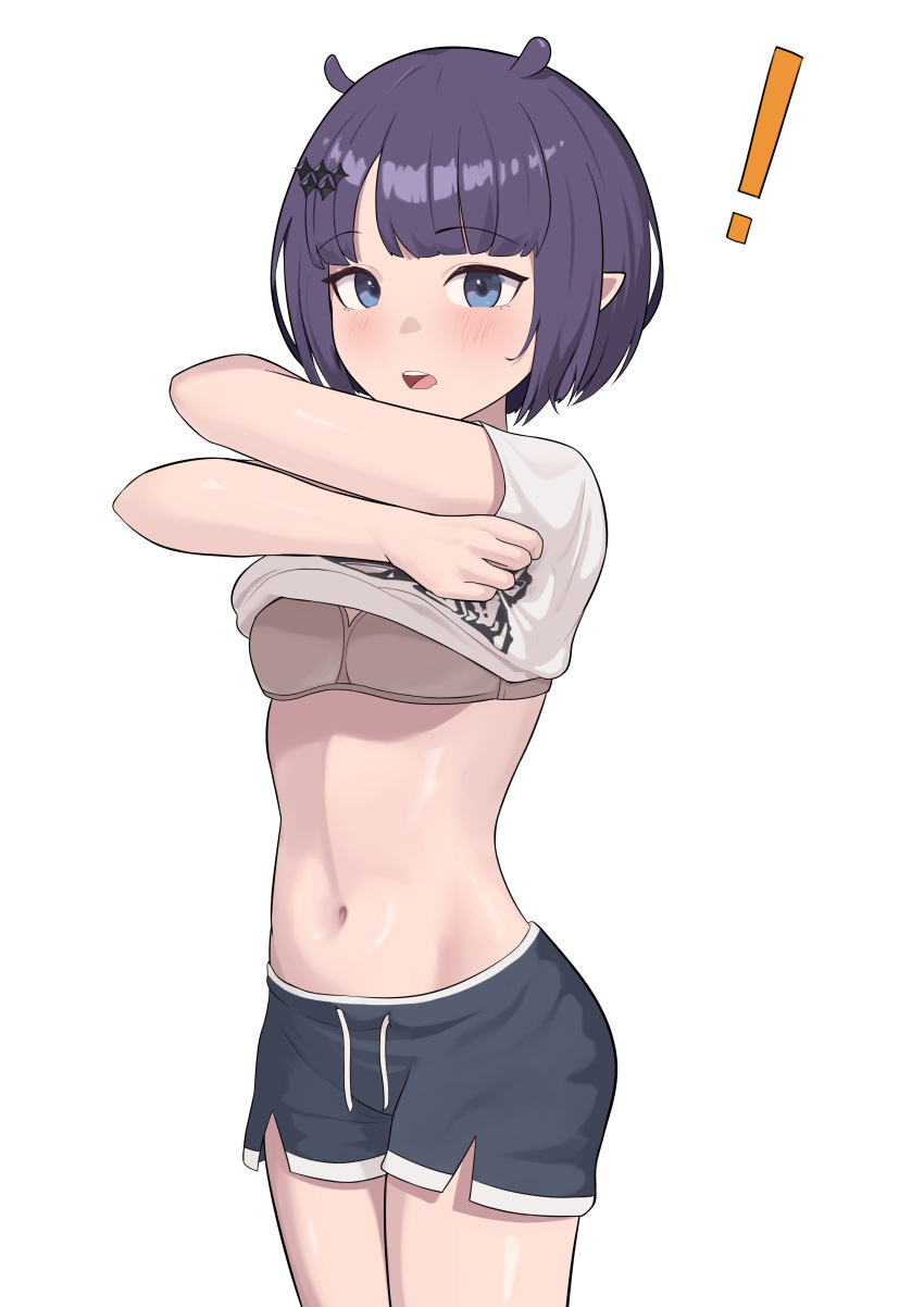 ! absurdres black_shorts blue_eyes blush bra breasts clothes_lift female grey_bra highres hololive hololive_english lifting_own_clothes looking_at_viewer navel ninomae_ina'nis ninomae_ina'nis_(loungewear) official_alternate_costume open_mouth parted_bangs pointy_ears purple_hair shift_(shiftillust) shirt shirt_lift short_hair short_shorts shorts simple_background small_breasts solo swept_bangs t-shirt teeth underwear upper_teeth_only virtual_youtuber white_shirt