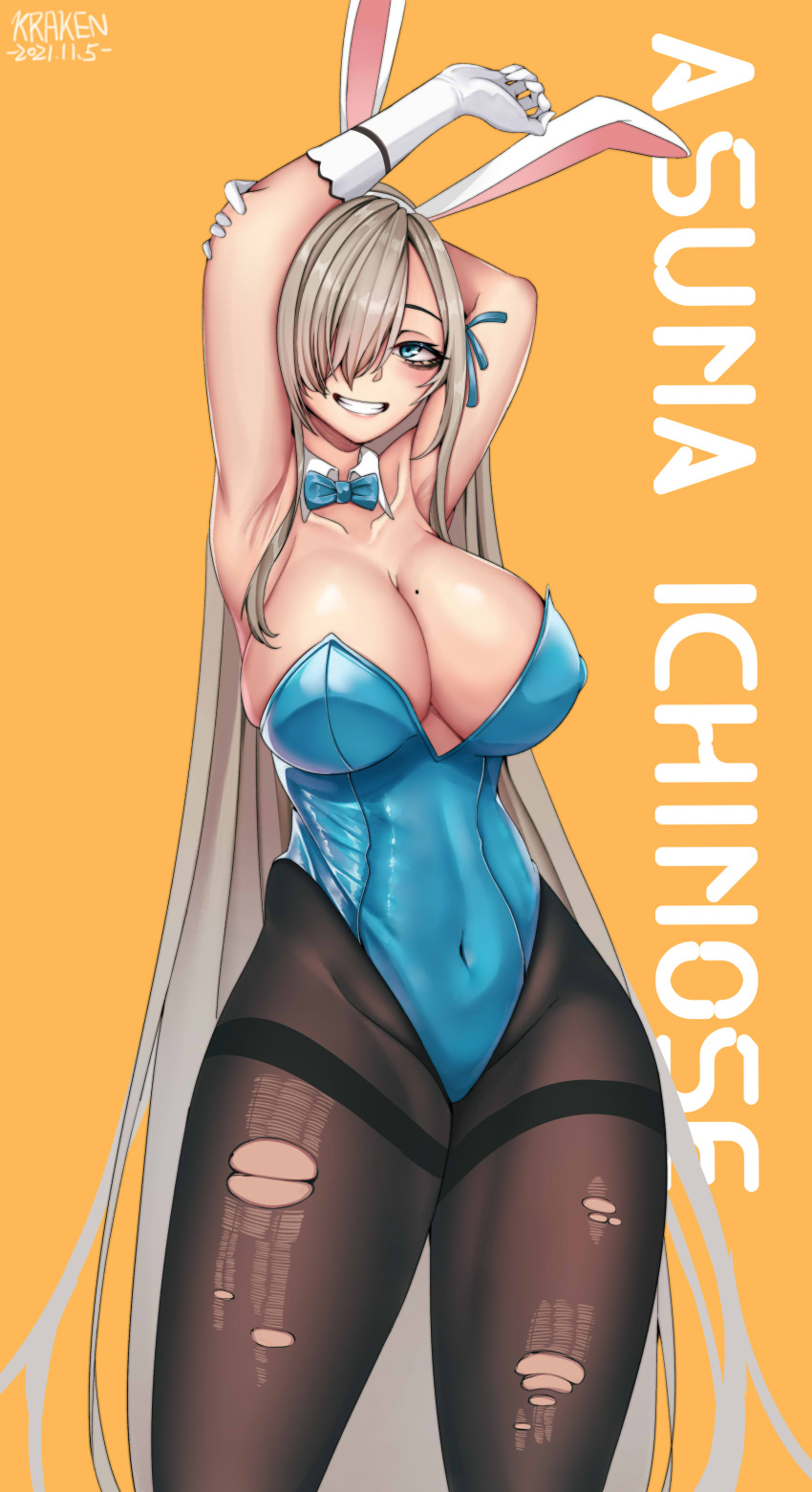 absurdres animal_ears armpits arms_up asuna_(blue_archive) asuna_(bunny)_(blue_archive) black_pantyhose blue_archive blue_bow blue_bowtie blue_leotard bow bowtie breasts character_name commentary detached_collar fake_animal_ears female hair_over_one_eye highleg highleg_leotard highres kuraken large_breasts leotard light_brown_hair long_hair mole mole_on_breast official_alternate_costume pantyhose playboy_bunny presenting_armpit rabbit_ears sideboob solo strapless strapless_leotard thighband_pantyhose torn_clothes torn_pantyhose traditional_bowtie very_long_hair