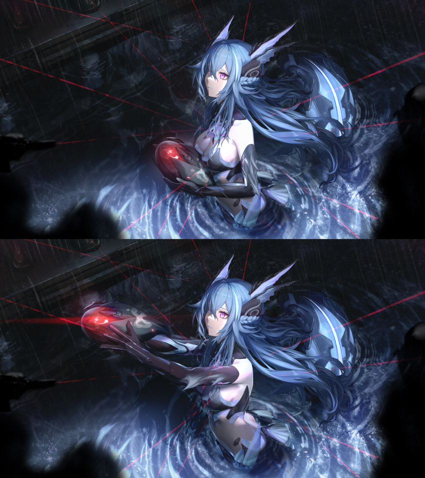 adhesive_bra bare_shoulders black_bra blue_hair bra braid breasts dark_background egg female fins french_braid from_side game_cg hair_between_eyes head_fins highres holding holding_egg lamia_(punishing:_gray_raven) laser long_hair looking_ahead mechanical_arms mechanical_tail medium_breasts mermaid monster_girl official_art pale_skin partially_submerged punishing:_gray_raven purple_eyes rain ringed_eyes shell_hair_ornament sidelocks solo tail underwear upper_body variations very_long_hair water wu_lun_wujin