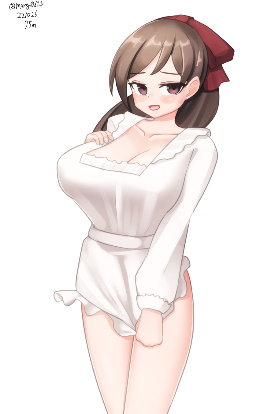 absurdres apron breasts brown_eyes brown_hair cleavage clothes_tug collarbone cowboy_shot dated female hair_ornament hair_ribbon hairclip highres kantai_collection kappougi large_breasts long_hair mamiya_(kancolle) maru_(marg0613) naked_kappougi ribbon simple_background solo standing twitter_username white_background