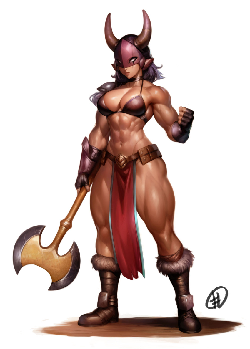 abs absurdres axe bikini boots breasts clenched_hand fake_horns female filemonte fingerless_gloves fur-trimmed_boots fur_trim gauntlets gloves golden_axe helmet highres horned_helmet horns loincloth long_hair mask muscular muscular_female signature solo swimsuit white_background white_hair