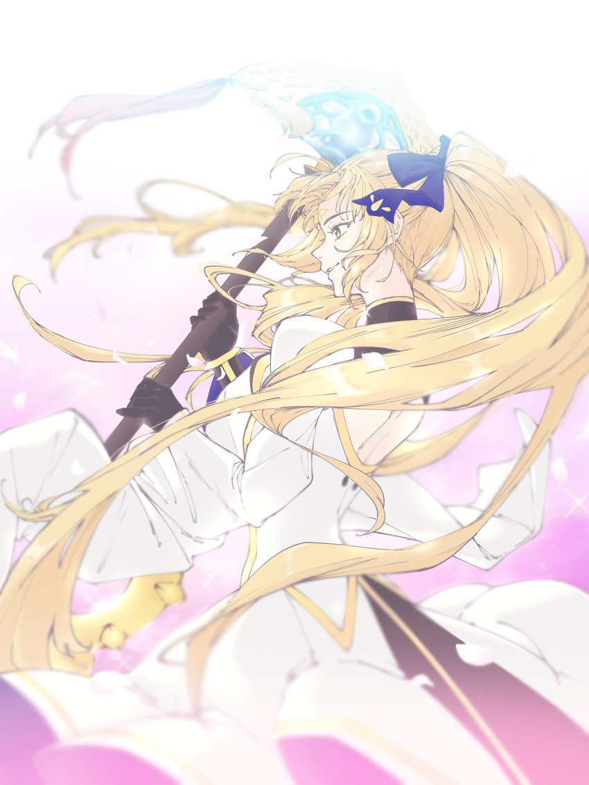 artoria_caster_(fate) artoria_caster_(third_ascension)_(fate) artoria_pendragon_(fate) back black_gloves black_ribbon blonde_hair dress facial_mark fate/grand_order fate_(series) female forehead_mark gloves green_eyes grin hair_ribbon highres holding holding_staff long_hair ponytail ribbon smile so_hana_ranyaro solo staff very_long_hair