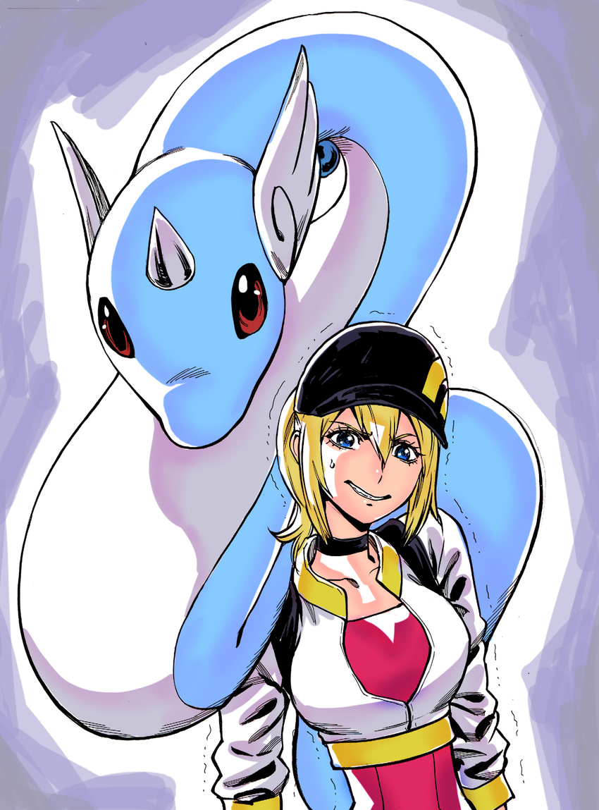 baseball_cap black_hat blonde_hair blue_eyes breasts choker collarbone commentary_request cropped_jacket dragonair female female_protagonist_(pokemon_go) hair_between_eyes hat heavy highres horns long_hair long_sleeves medium_breasts on_shoulder photoshop_(medium) pokemon pokemon_(creature) pokemon_go pokemon_on_shoulder ponytail shiitake_gensui single_horn sweat trembling