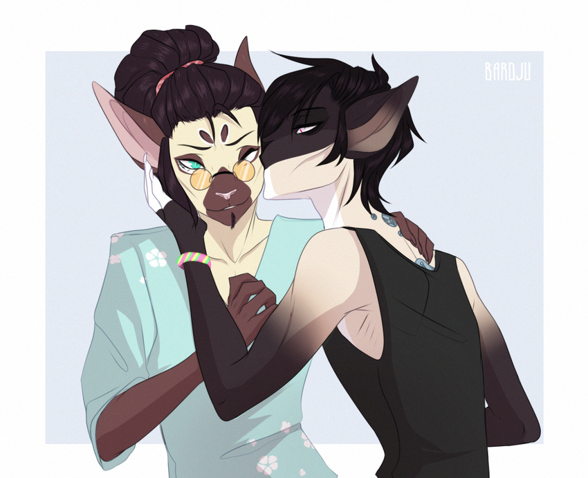 anthro bardju clothed clothing domestic_cat duo ear_tails eyewear facial_hair felid feline felis glasses goatee kissing male male/male mammal siamese simple_background skinny smile