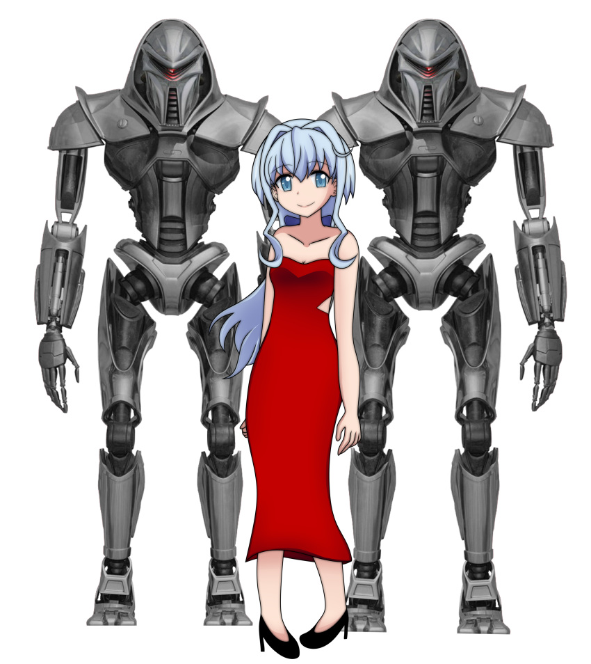 absurdres bare_shoulders battlestar_galactica black_shoes blue_eyes blue_hair centurion_(battlestar_galactica) commission crossover cylon cylon_centurion dress female gundam gundam_build_divers hair_intakes highres light_blue_hair long_hair looking_at_viewer plain_background red_dress red_visor robot robots sarah_(gundam_build_divers) science_fiction smile superalvichan