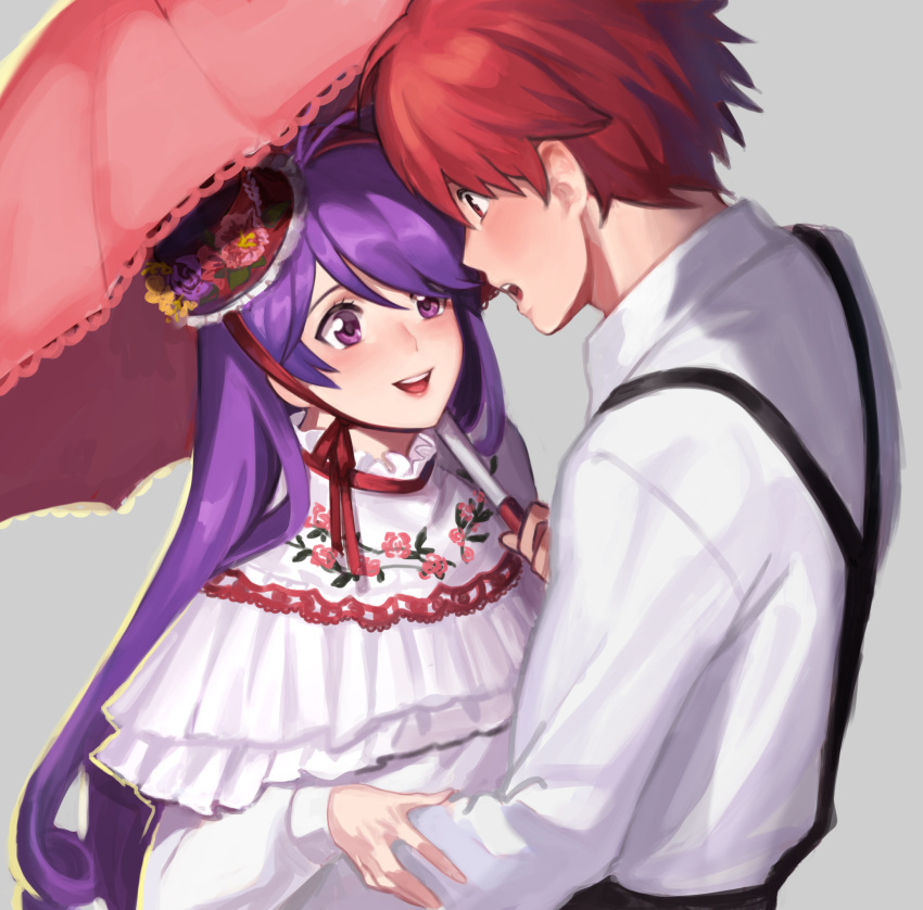 1boy aether_sage_(elsword) aisha_landar blush calligraphy_brush commentary elsword elsword_(character) female hat highres knight_emperor_(elsword) lolita_fashion long_hair mini_hat on_(isk1812) paintbrush photoshop_(medium) purple_eyes purple_hair red_eyes red_hair short_hair smile symbol-only_commentary umbrella