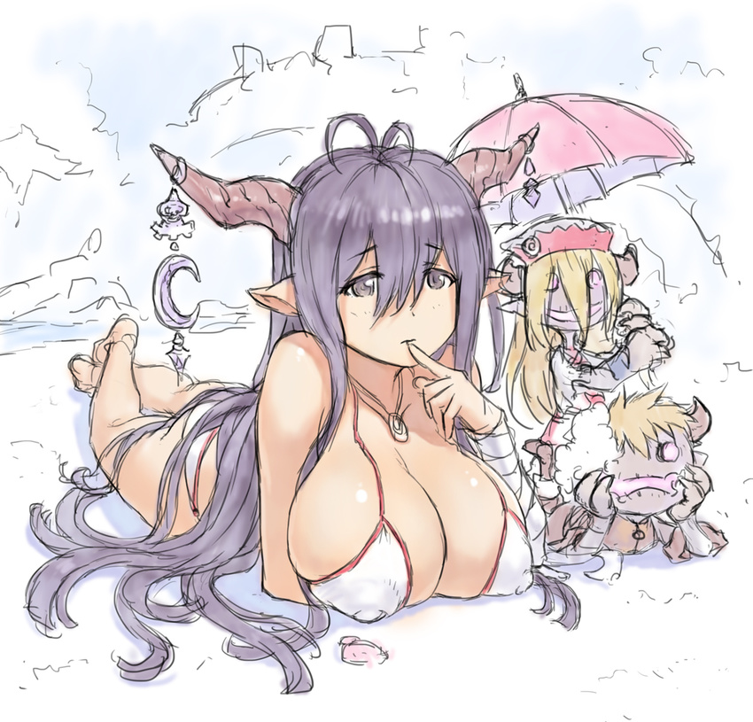 alternate_eye_color ass bandaged_arm bandages bare_shoulders beach bikini breasts commentary_request covered_nipples crescent danua doll draph female finger_to_mouth granblue_fantasy gretel_(granblue_fantasy) hair_between_eyes hansel_(granblue_fantasy) horn_ornament horns jewelry large_breasts long_hair lying mogudan necklace on_stomach photoshop_(medium) pointy_ears purple_eyes purple_hair solo stuffed_toy swimsuit umbrella very_long_hair water white_bikini