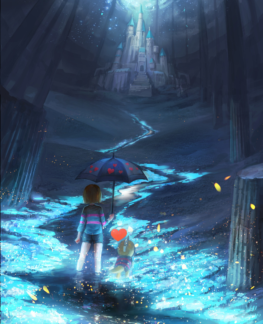 2others androgynous artstation_sample brown_hair castle column commentary_request facing_away frisk_(undertale) highres image_sample monster_kid_(undertale) multiple_others photoshop_(medium) pillar ruins scenery shaonav shirt standing striped_clothes striped_shirt umbrella undertale wading