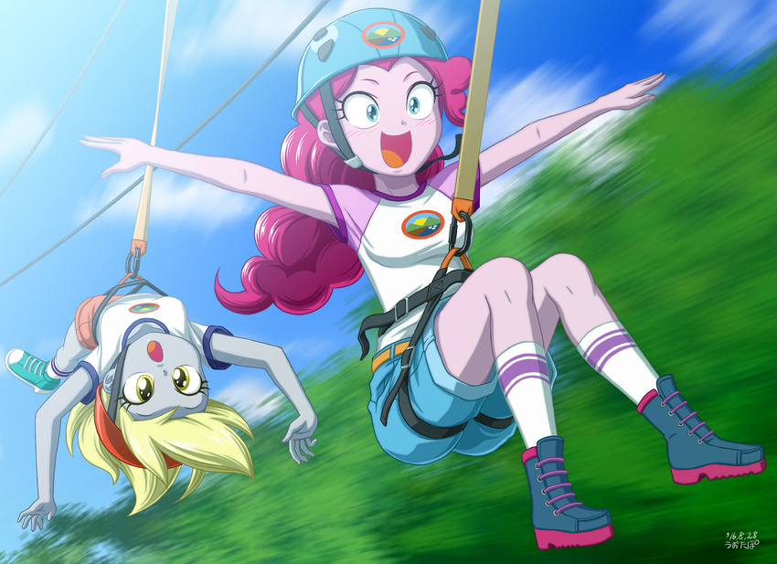 2girls derpy_hooves helmet multiple_girls my_little_pony my_little_pony_equestria_girls my_little_pony_friendship_is_magic personification pinkie_pie_(mlp) tagme uotapo zip_line